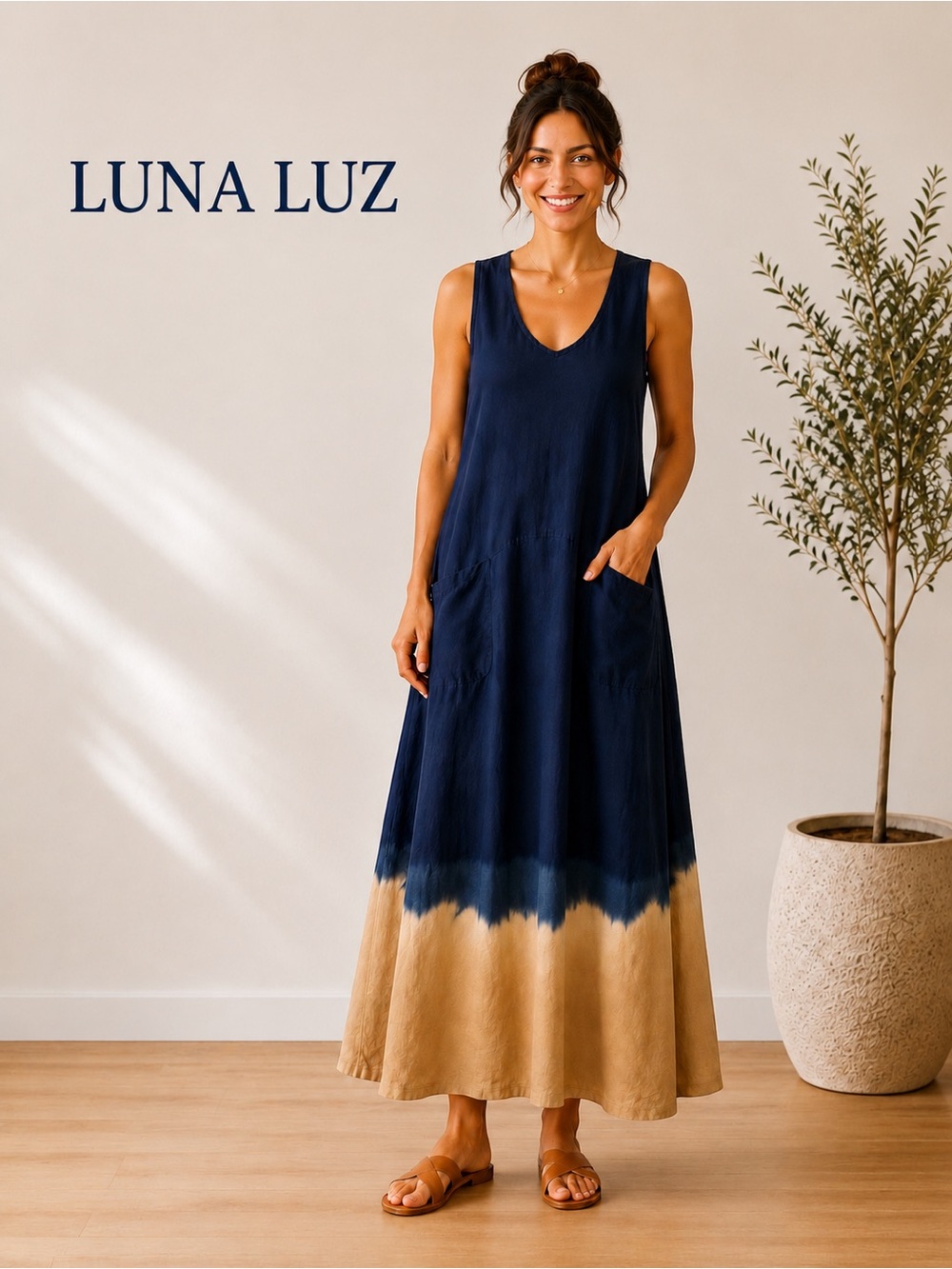 LUNA LUZ 100% Linen Maxi Midi Navy Tie Dye Tank Coastal Dress Pockets Sz Medium